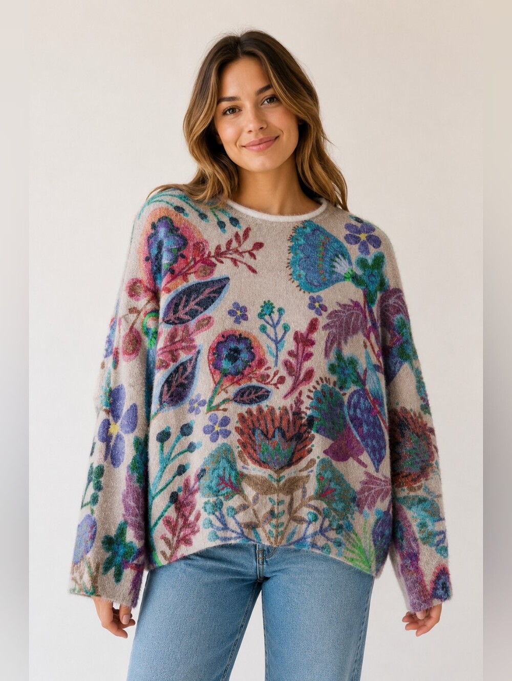 Natural Life Floral Fuzzy Oversized Sweater XS/S Boho Botanical